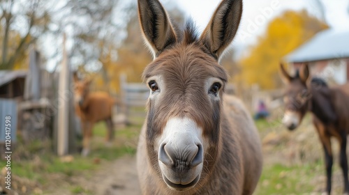 The donkey looks into the camera lens, close-up of the funny muzzle