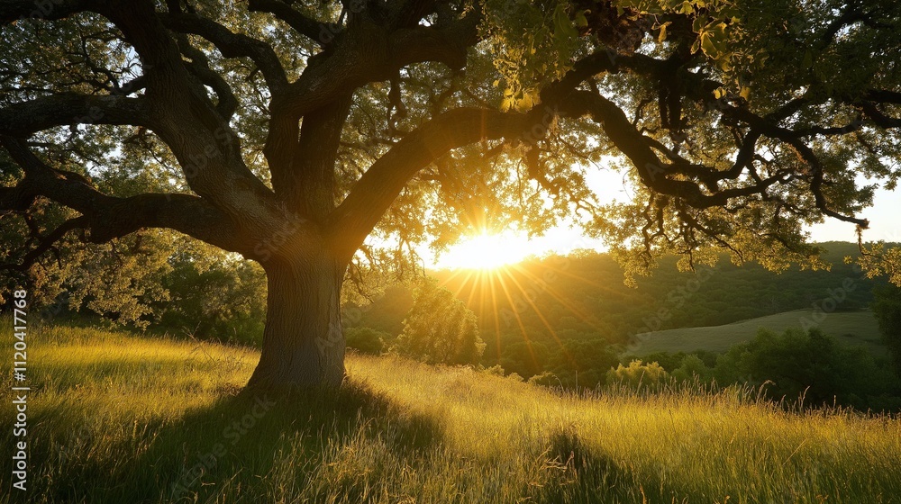 The sun rising behind the Oak Tree on a calm spring morning The sun rising behind the Oak Tree on a calm spring morning