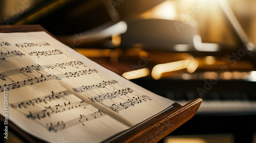 Classical music sheet notes elegantly displayed on a wooden stand, embodying the timeless beauty and intricate artistry of orchestral compositions.