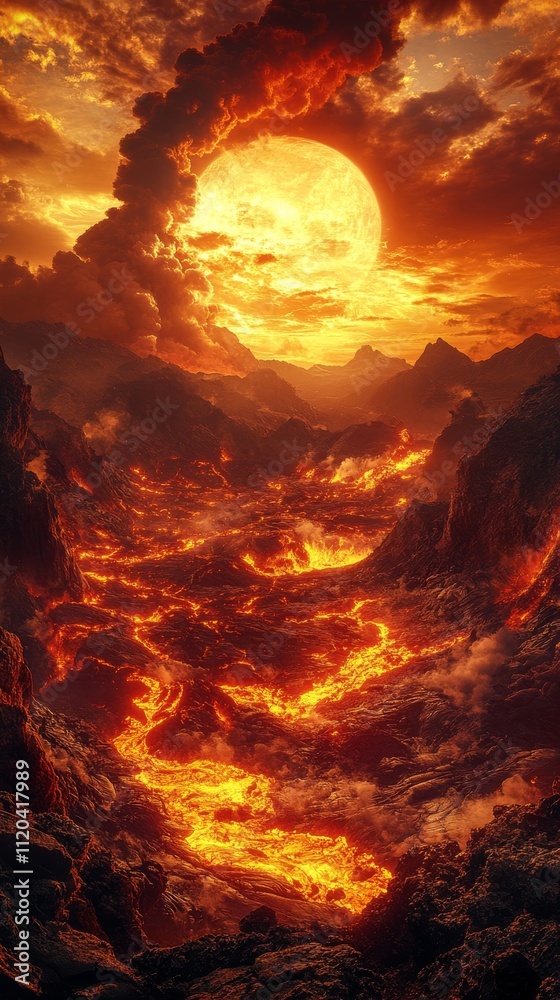 Majestic volcanic eruption at sunset illuminating the landscape Majestic volcanic eruption at sunset illuminating the landscape