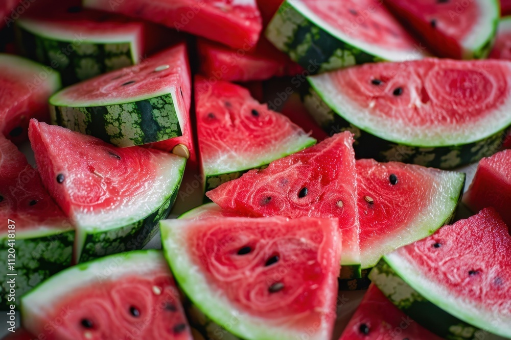 Freshly cut watermelon slices arranged on a white plate ready to be enjoyed during a summer picnic in a sunny outdoor setting Freshly cut watermelon slices arranged on a white plate ready to be enjoyed during a summer picnic in a sunny outdoor setting