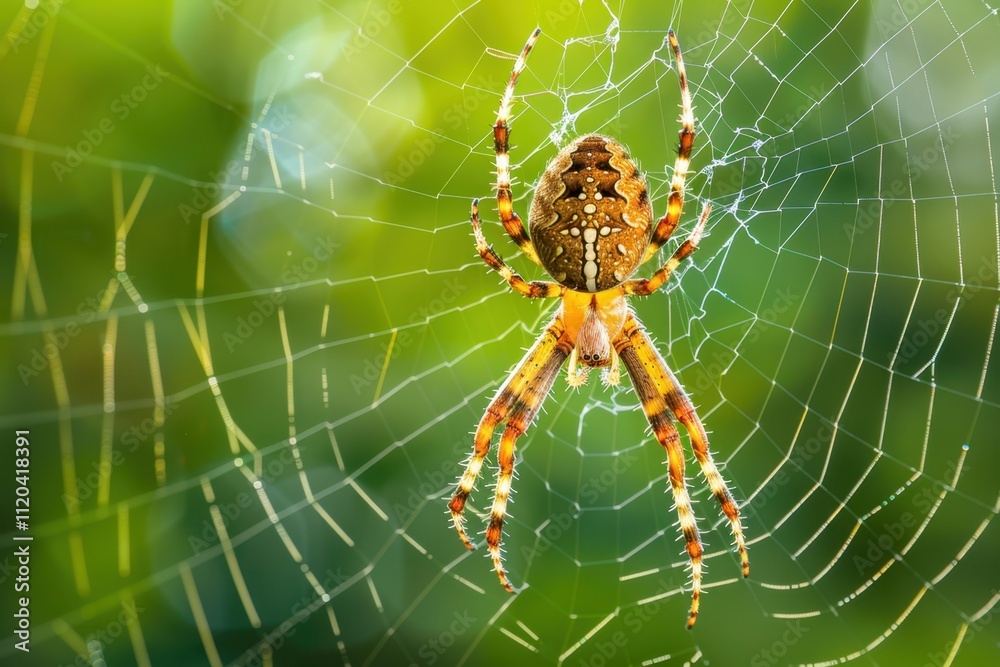 Colorful spider weaving a web in a natural setting during the late afternoon light Colorful spider weaving a web in a natural setting during the late afternoon light