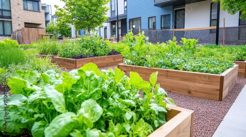 Fototapeta Naklejka Na Ścianę i Meble -  Modern community garden features raised beds in muted blue with lush green plants and terracotta paths creating an eco-friendly urban space