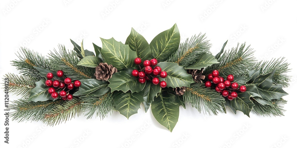 Festive holiday centerpiece with pine, holly, and red berries arranged for seasonal decorations Festive holiday centerpiece with pine, holly, and red berries arranged for seasonal decorations