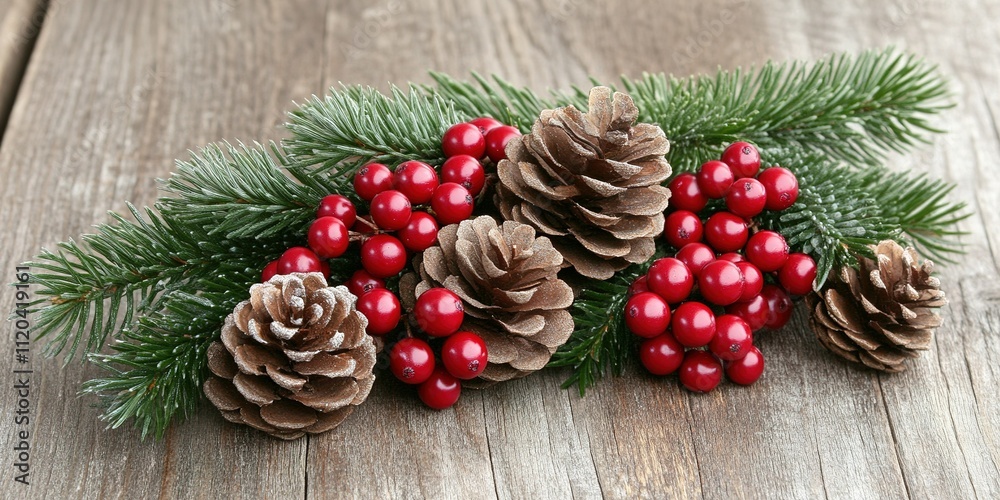 Festive pinecones and berries arranged on wooden surface for holiday decoration Festive pinecones and berries arranged on wooden surface for holiday decoration