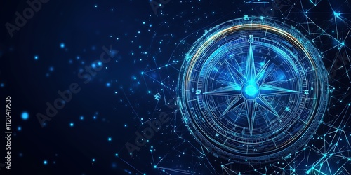 Navigating through digital realms with a glowing compass in a starry blue landscape photo