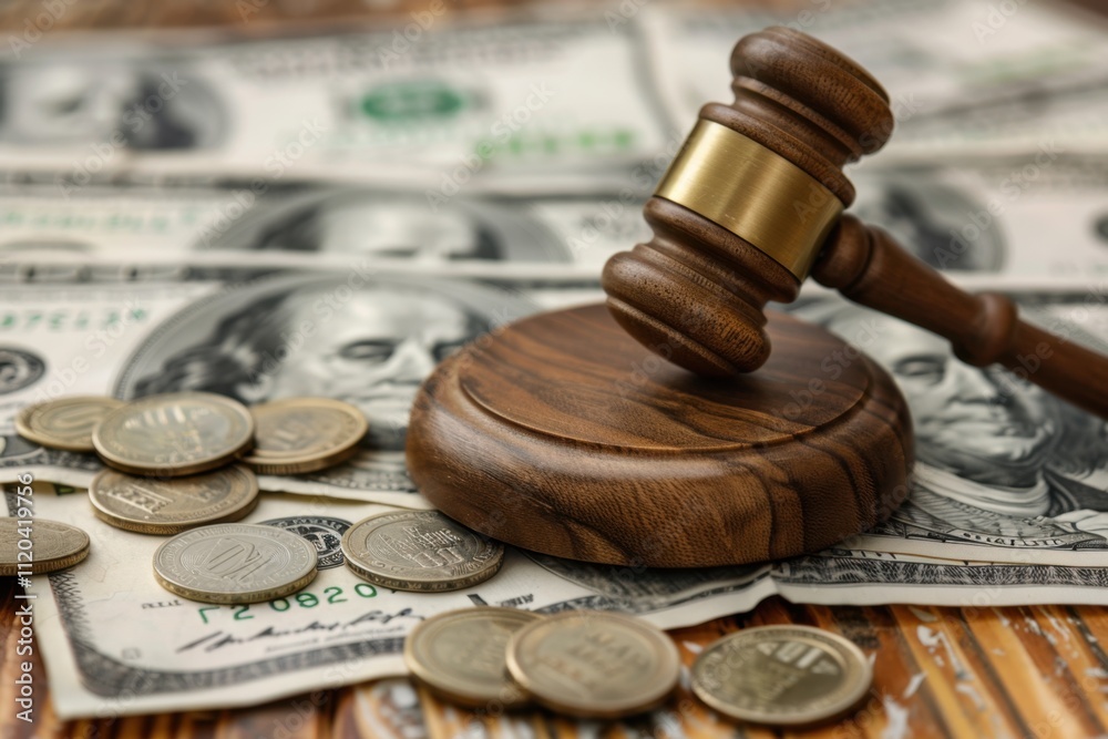 Gavel resting on scattered dollar bills in a legal setting, symbolizing justice and financial transactions Gavel resting on scattered dollar bills in a legal setting, symbolizing justice and financial transactions
