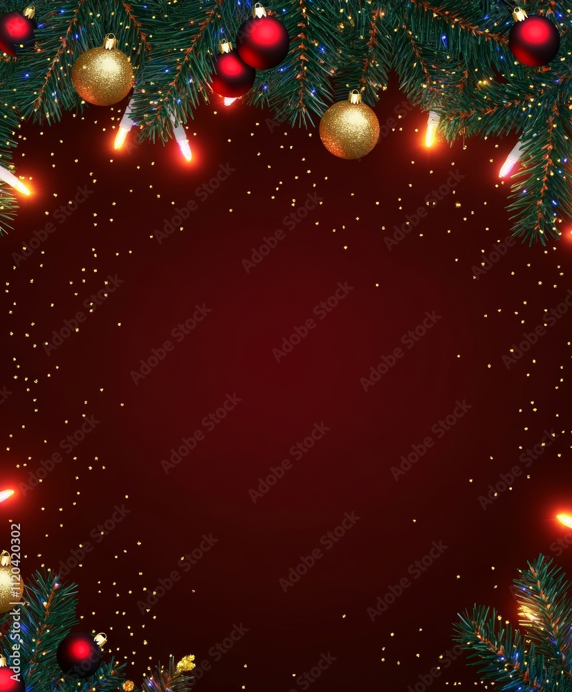 Christmas background with vibrant tones and decorative tree branches. Adorned with dark lights and shimmering ornament balls, elegant holiday frame. Perfect for banners, posters, or festive designs.