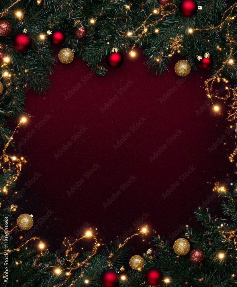 Christmas background with vibrant tones and decorative tree branches. Adorned with dark lights and shimmering ornament balls, elegant holiday frame. Perfect for banners, posters, or festive designs. Christmas background with vibrant tones and decorative tree branches. Adorned with dark lights and shimmering ornament balls, elegant holiday frame. Perfect for banners, posters, or festive designs.