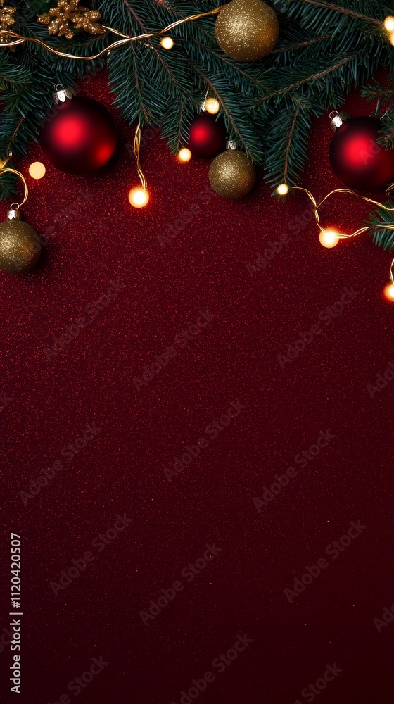 Christmas background with vibrant tones and decorative tree branches. Adorned with dark lights and shimmering ornament balls, elegant holiday frame. Perfect for banners, posters, or festive designs. Christmas background with vibrant tones and decorative tree branches. Adorned with dark lights and shimmering ornament balls, elegant holiday frame. Perfect for banners, posters, or festive designs.