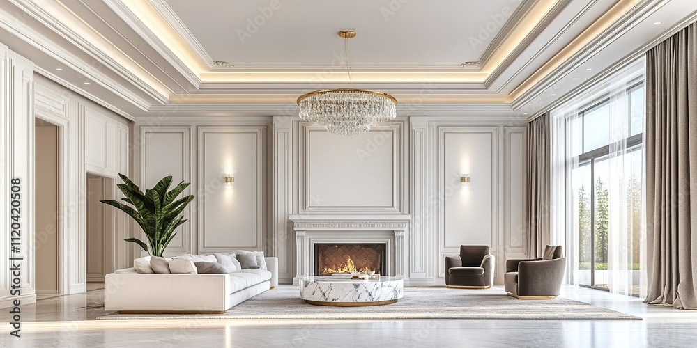Fototapeta premium Elegant modern living room with fireplace and stylish furnishings in a spacious interior design
