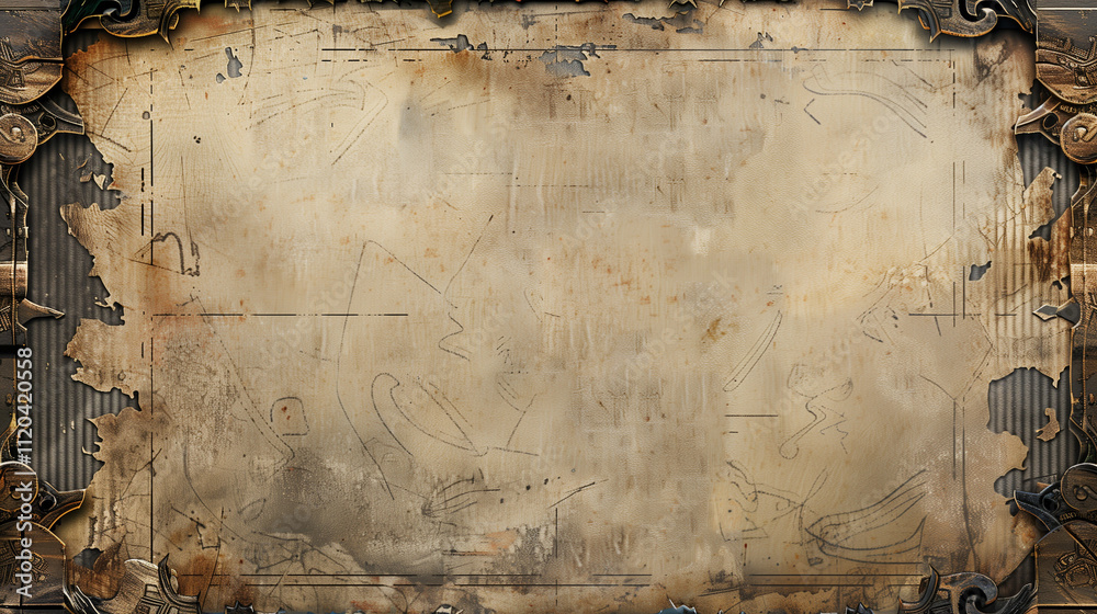 Fototapeta premium Vintage parchment with ornate metallic frame and weathered texture, ideal for fantasy or historical themes