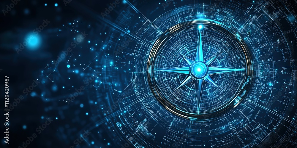 Obraz premium Compass design with futuristic digital elements creating a sense of navigation and exploration in a blue color scheme