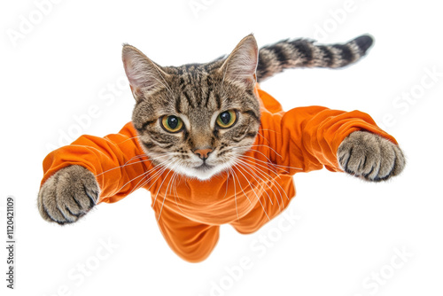 Cat in orange outfit, leaping with excitement, white isolate background. photo