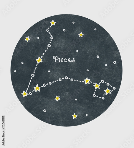 Pisces constellation hand drawn with white and yellow crayons in a childish cartoon style on a texture circle background