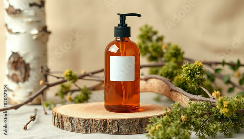 Amber glass bottle with pump dispenser, white blank label, wooden slice coaster, dried flowers