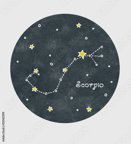 Scorpius constellation hand drawn with white and yellow crayons in a childish cartoon style on a texture circle background