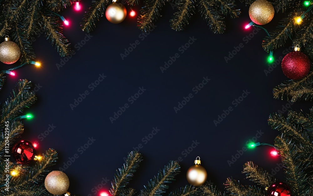 Christmas background with vibrant tones and decorative tree branches. Adorned with dark lights and shimmering ornament balls, elegant holiday frame. Perfect for banners, posters, or festive designs. Christmas background with vibrant tones and decorative tree branches. Adorned with dark lights and shimmering ornament balls, elegant holiday frame. Perfect for banners, posters, or festive designs.