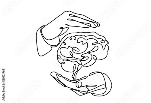 One continuous single line of hands hold brain. World Mental Health day is observed every year on October 10, A mental illness is a health problem