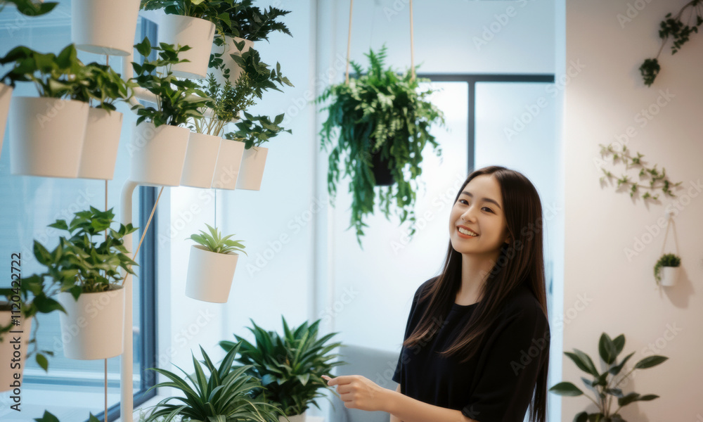 woman smiles while standing in bright room filled with vertical gardens and hanging plants, creating refreshing atmosphere woman smiles while standing in bright room filled with vertical gardens and hanging plants, creating refreshing atmosphere