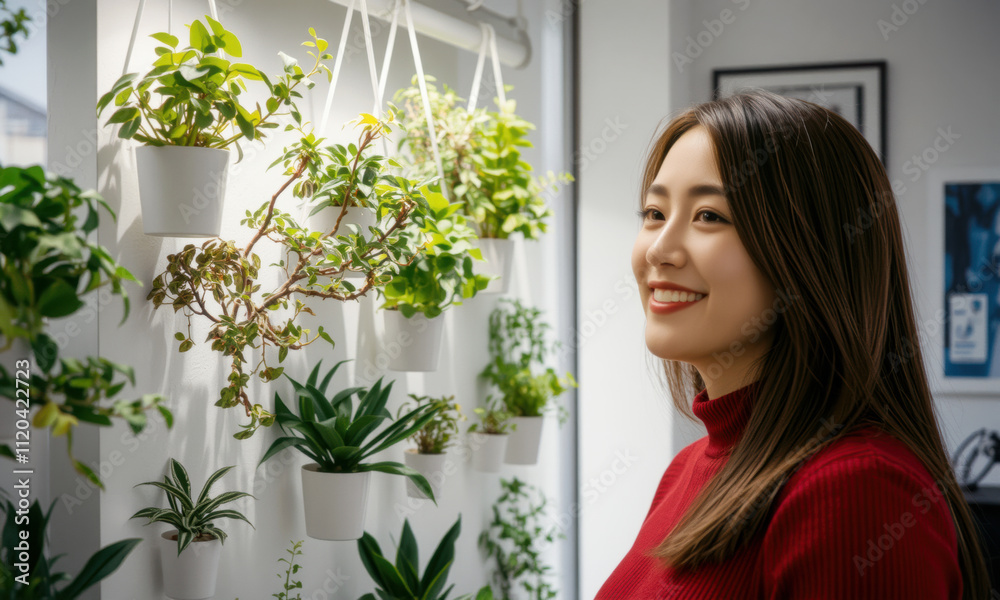 woman smiles in front of vertical garden filled with various plants, showcasing vibrant indoor space. greenery creates refreshing atmosphere woman smiles in front of vertical garden filled with various plants, showcasing vibrant indoor space. greenery creates refreshing atmosphere