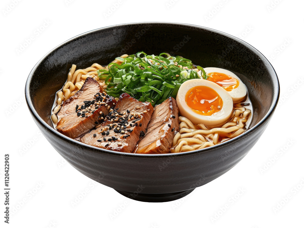 Delicious ramen bowl with sliced pork, soft-boiled eggs, and fresh green onions on a white background.