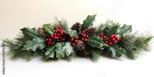 Holiday decoration featuring holly, pinecones, and red berries on a soft background for festive ambiance