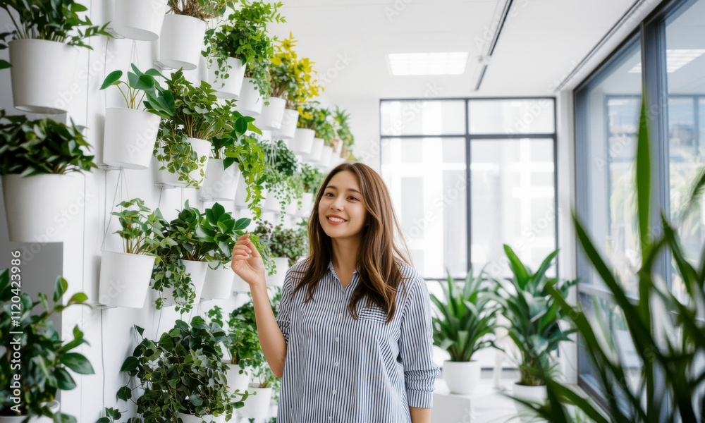 woman smiles while standing in bright room with vertical garden filled with various plants. greenery creates refreshing atmosphere woman smiles while standing in bright room with vertical garden filled with various plants. greenery creates refreshing atmosphere