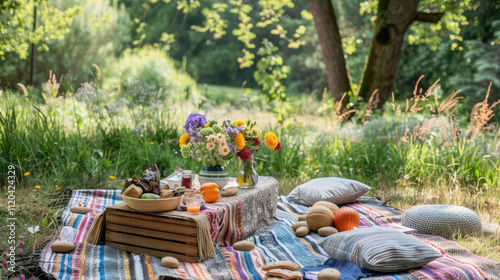 Idyllic Summer Picnic Scene with Colorful Flowers and Fresh Fruits in a Sunlit Meadow Surrounded by Lush Greenery