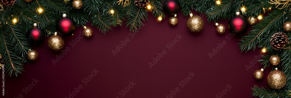 Christmas background with vibrant tones and decorative tree branches. Adorned with dark lights and shimmering ornament balls, elegant holiday frame. Perfect for banners, posters, or festive designs. Christmas background with vibrant tones and decorative tree branches. Adorned with dark lights and shimmering ornament balls, elegant holiday frame. Perfect for banners, posters, or festive designs.