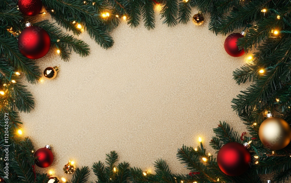 Christmas background with vibrant tones and decorative tree branches. Adorned with dark lights and shimmering ornament balls, elegant holiday frame. Perfect for banners, posters, or festive designs.