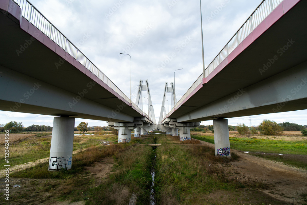 Modern Suspension Bridge close-up long-range view Modern Suspension Bridge close-up long-range view