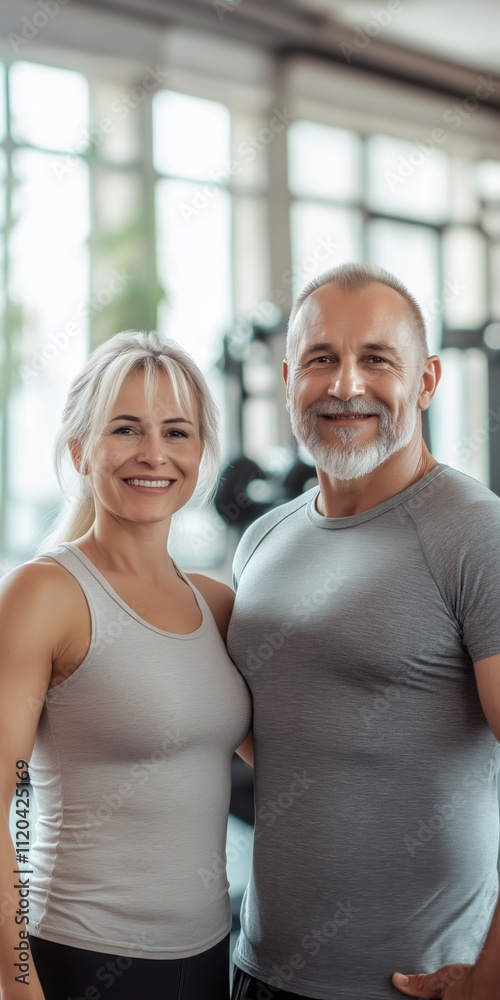 A man and a woman are posing for a picture in a gym. The man is wearing a grey shirt and the woman is wearing a grey tank top. They both have smiles on their faces, indicating that they are happy A man and a woman are posing for a picture in a gym. The man is wearing a grey shirt and the woman is wearing a grey tank top. They both have smiles on their faces, indicating that they are happy