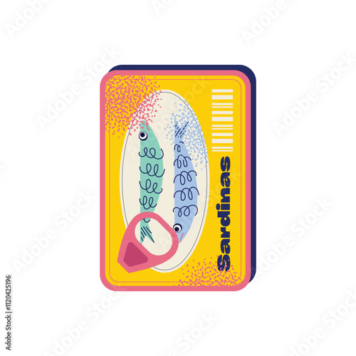 Sardines, seafood packaging, crab, octopus, and lemon slices. Flat vector graphics illustration isolated on white background. Seafood and marine life concept. Design for posters, stickers, and package
