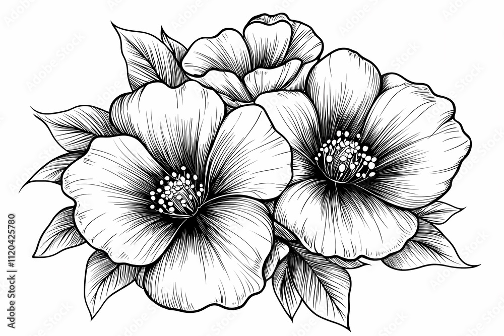 Detailed Black and White Floral Illustration with Hibiscus Flowers Detailed Black and White Floral Illustration with Hibiscus Flowers