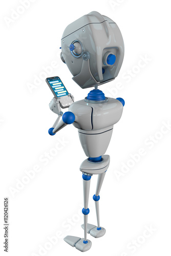 White robot with blue joints gesturing with his face while chatting with his smartphone against transparent background. 3D Illustration