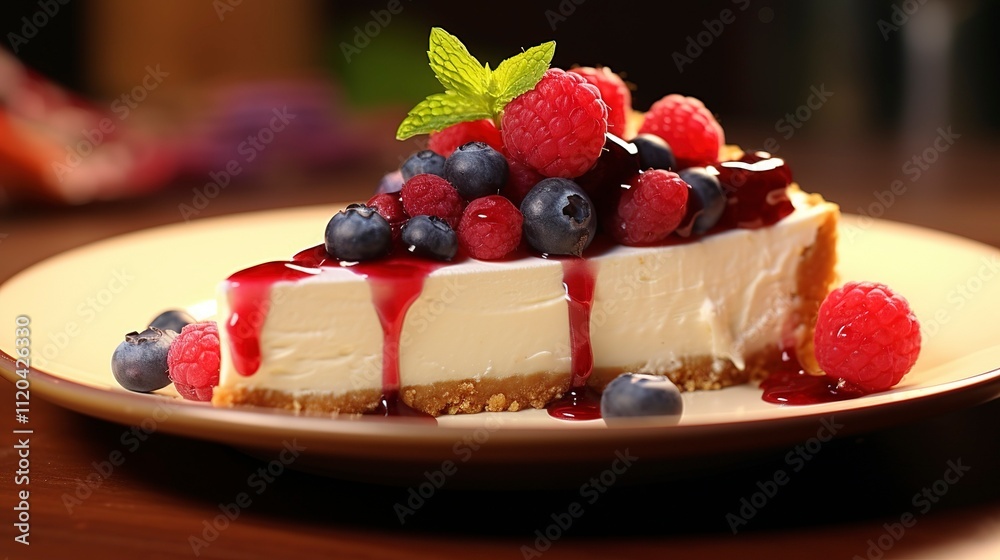 A photo of a heavenly slice of cheesecake with fruit A photo of a heavenly slice of cheesecake with fruit