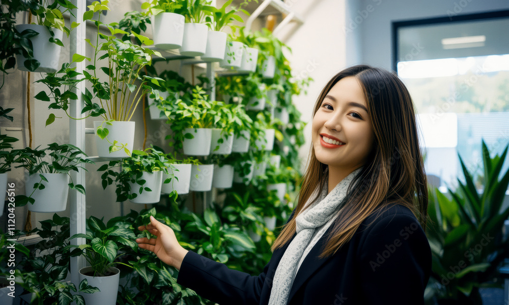 woman smiles in vertical garden filled with lush green plants, showcasing her connection with nature and vibrant atmosphere woman smiles in vertical garden filled with lush green plants, showcasing her connection with nature and vibrant atmosphere