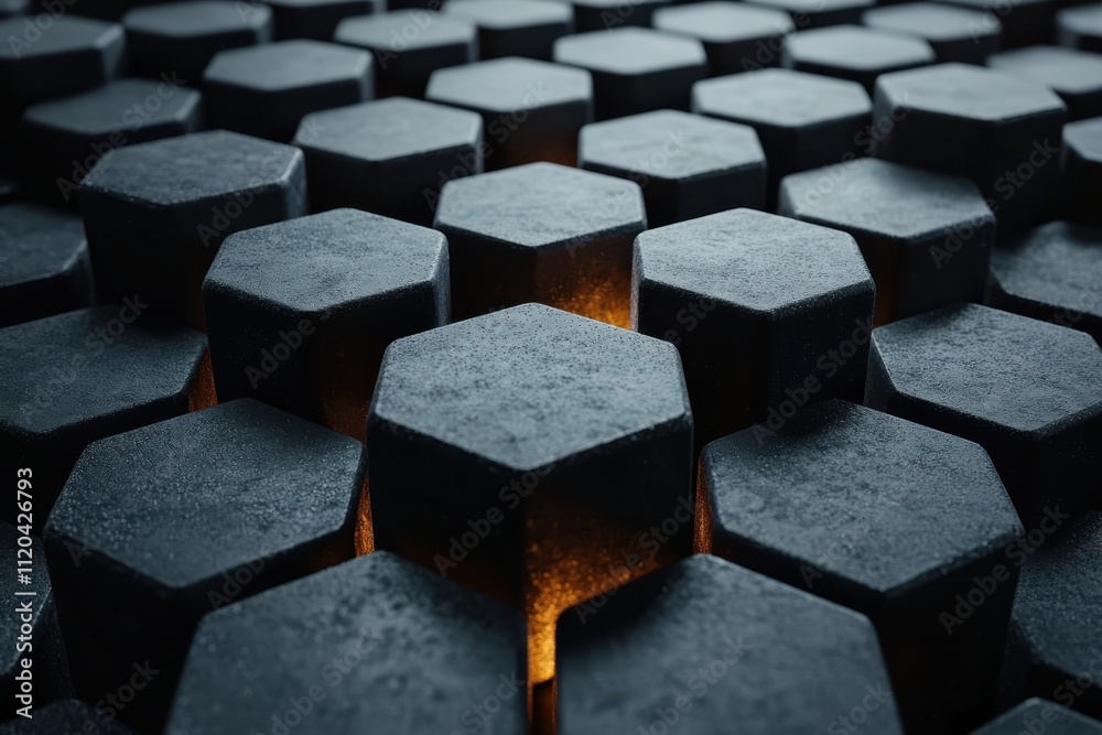 Close-up of hexagonal concrete structures with glowing elements, creating a modern aesthetic. Close-up of hexagonal concrete structures with glowing elements, creating a modern aesthetic.