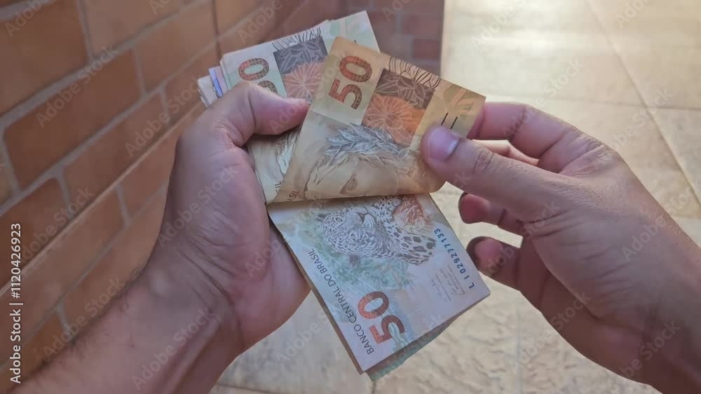 Real currency, money from Brazil. Brasil, Dinheiro, Reais, Hand. People holding in hand a brazilian banknotes.