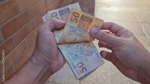 Real currency, money from Brazil. Brasil, Dinheiro, Reais, Hand. People holding in hand a brazilian banknotes.