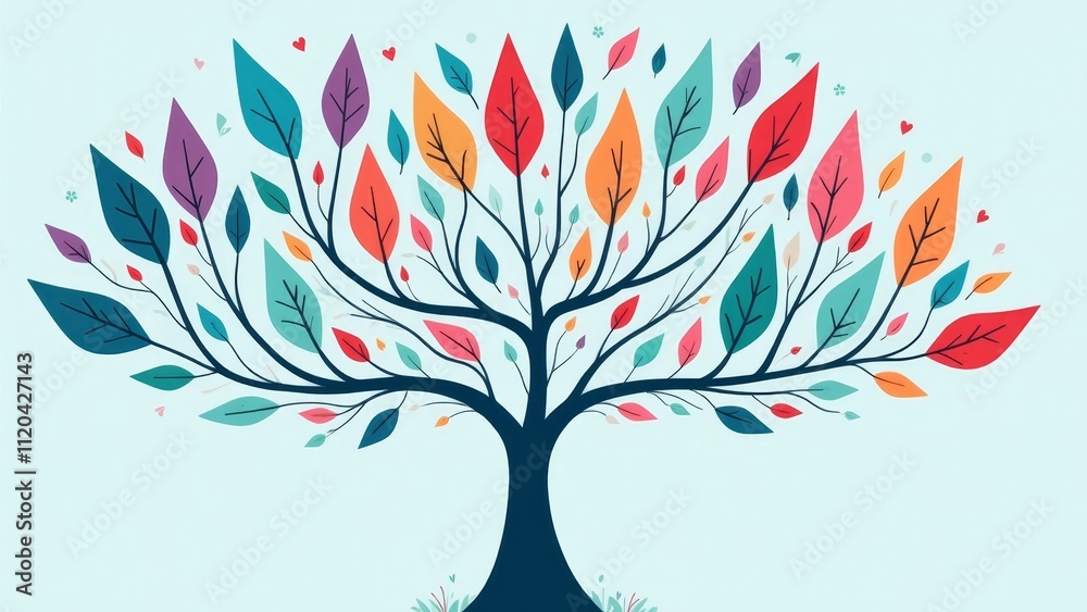 Stylized tree with vibrant autumn leaves representing social media categories, colorful and modern design. Stylized tree with vibrant autumn leaves representing social media categories, colorful and modern design.