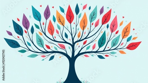 Stylized tree with vibrant autumn leaves representing social media categories, colorful and modern design.