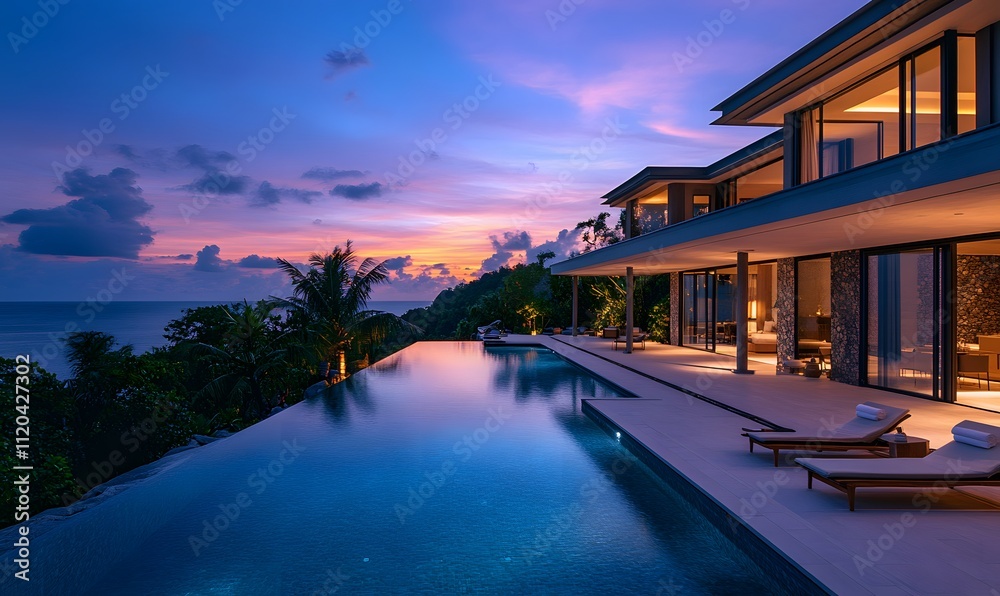 Fototapeta premium The villa and infinity pool bathed in the soft hues of twilight, with the private beach cove