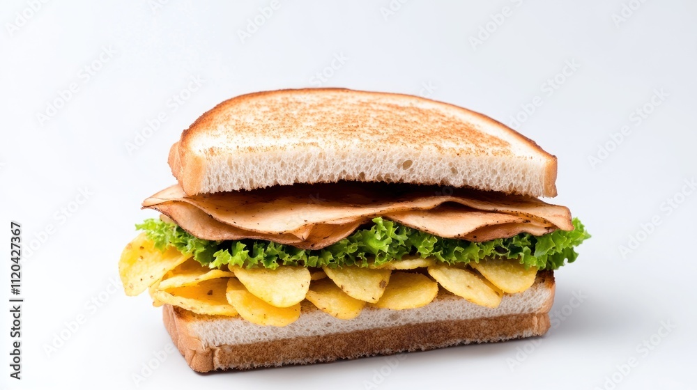 A sandwich with lettuce, turkey slices, and potato chips. A sandwich with lettuce, turkey slices, and potato chips.