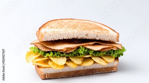 A sandwich with lettuce, turkey slices, and potato chips.