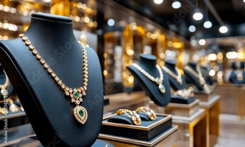 Luxurious gold jewelry shines under soft lighting in a prominent boutique, showcasing detailed designs and a variety of stunning pieces
