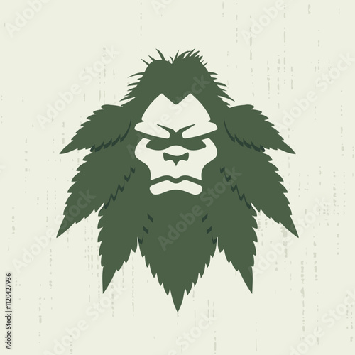 Sasquatch Herb Logo Brand Icon. Bigfoot vector Plant Head Logo. Yeti Cannabis leaf Illustration