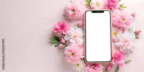 Mockup of a smartphone with a blank screen surrounded by vibrant pink and white pastel flowers on a soft pink background. Perfect for spring, Valentine’s Day, or Mother’s Day themes. Copy space