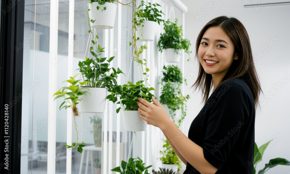 woman tending to vertical garden filled with lush green plants, showcasing her joy and connection to nature. indoor setting enhances vibrant greenery woman tending to vertical garden filled with lush green plants, showcasing her joy and connection to nature. indoor setting enhances vibrant greenery